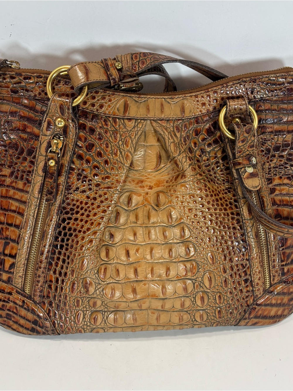 Brahmin Tan Belinda Croc Leather Embossed Hobo Bag Purse Designer Dual Pockets